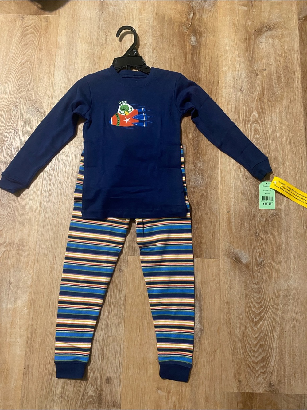 Navy Kids Pajama Set with Rocket Alien Graphic and Striped Pants